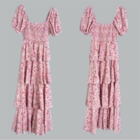 Entro Julia Pink Floral Tiered Maxi Dress Milkmaid Smocked Babydoll Size Large - Picture 4 of 4